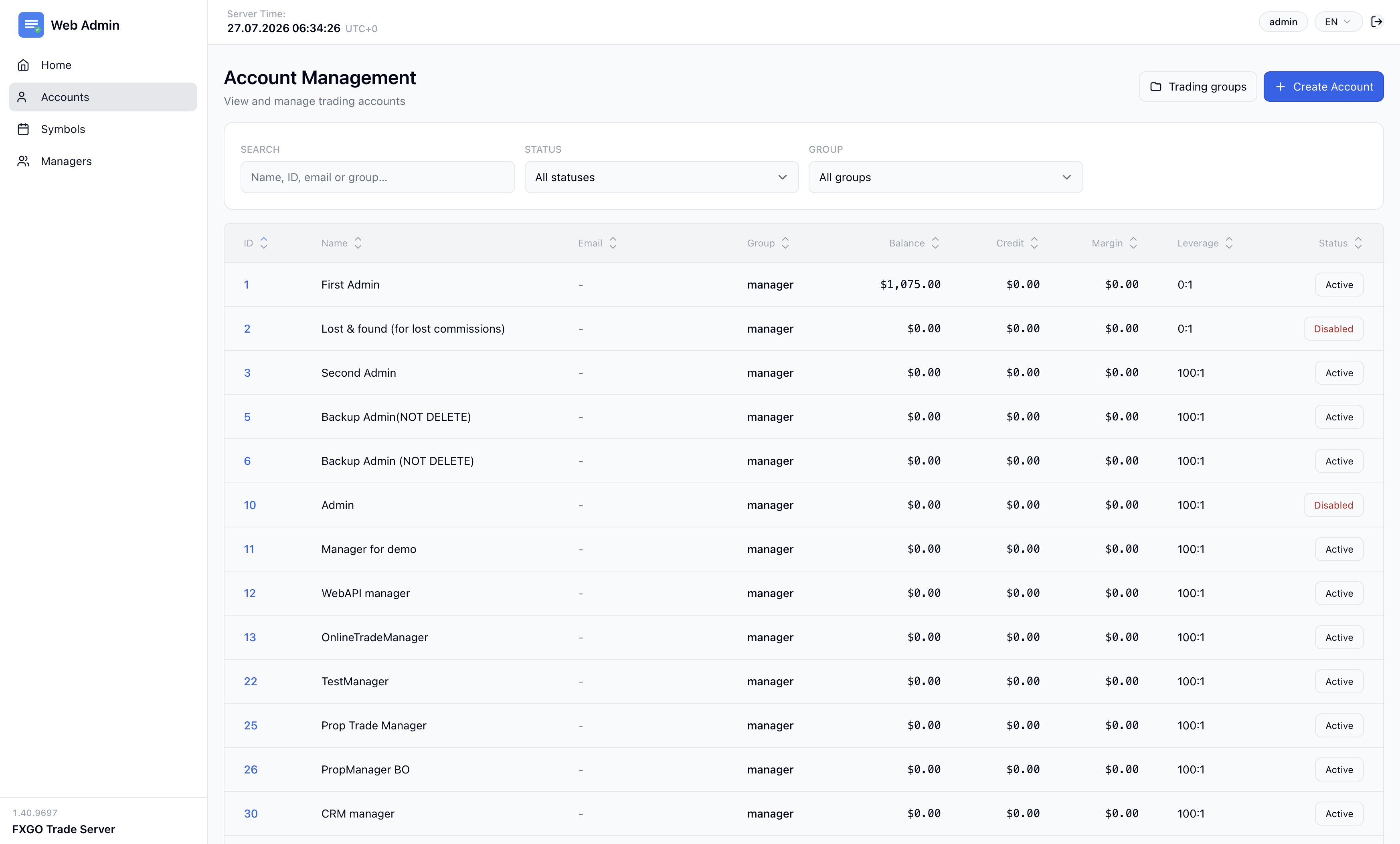 WebAdmin trading accounts management screen